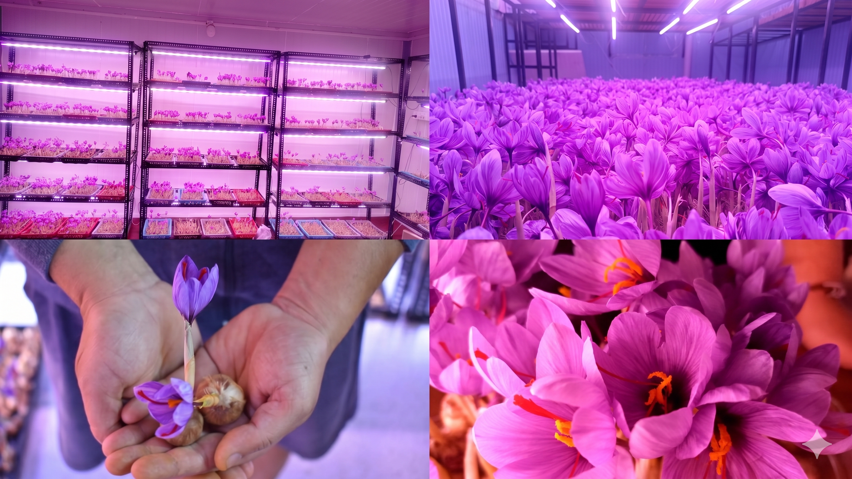 Indoor-grown saffron crocus flowers used to produce premium saffron